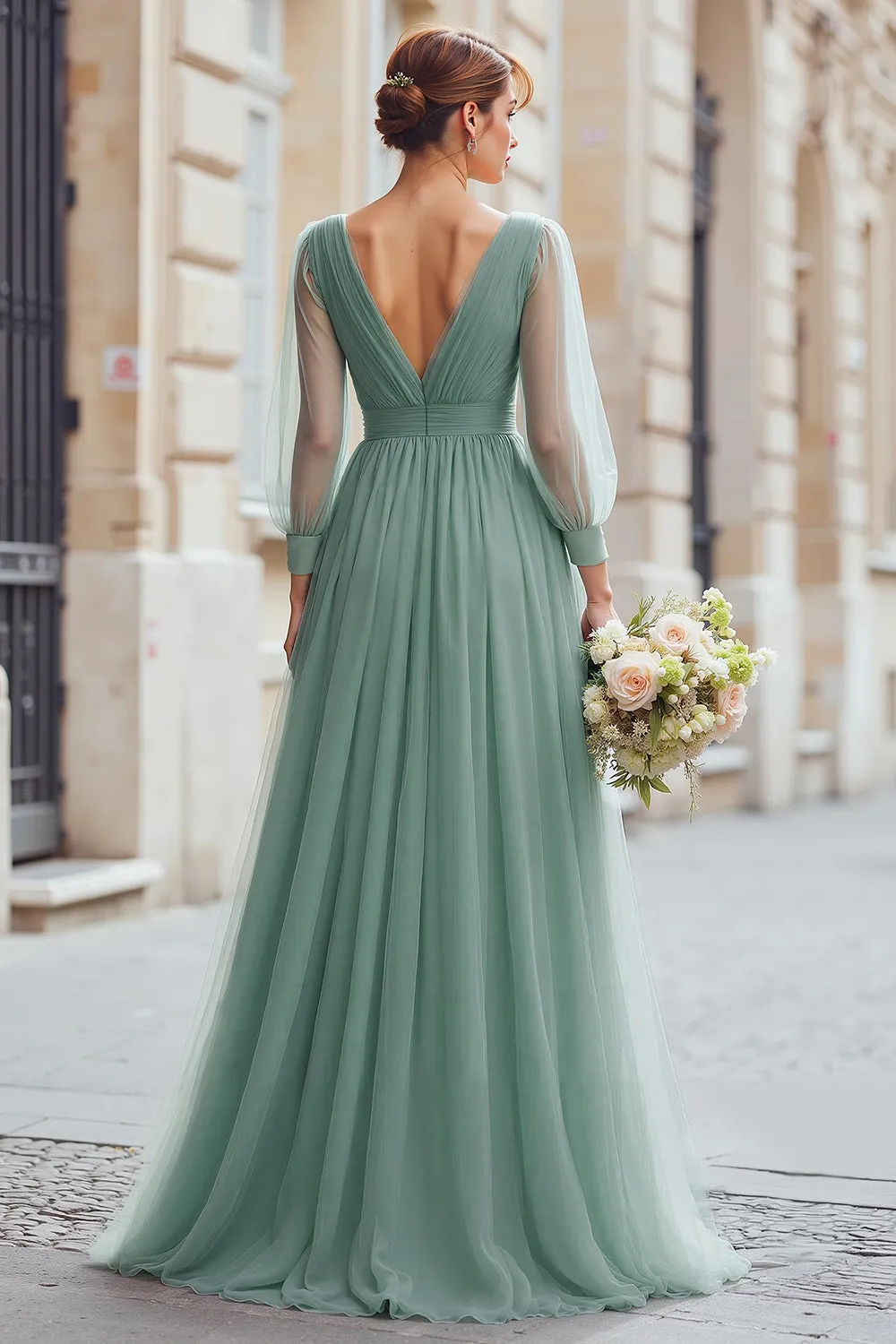 Eucalyptus A-Line V-Neck Pleated Long Bridesmaid Dress sold by Wedtrend product image thumbnail 2