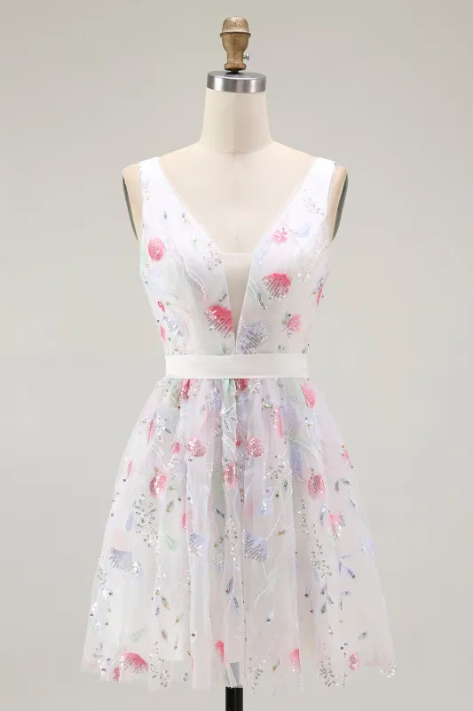 Cute White A Line V-Neck Beaded Open Back Mini Homecoming Dress made by Wedtrend