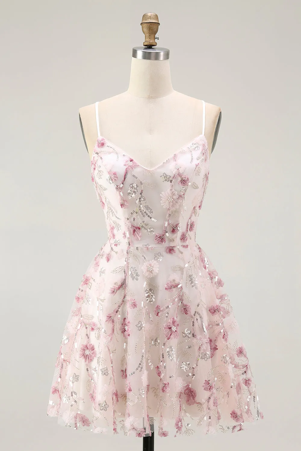 Pink Flower A Line Spaghetti Straps Beaded Homecoming Dress with 3D Flowers sold by Wedtrend