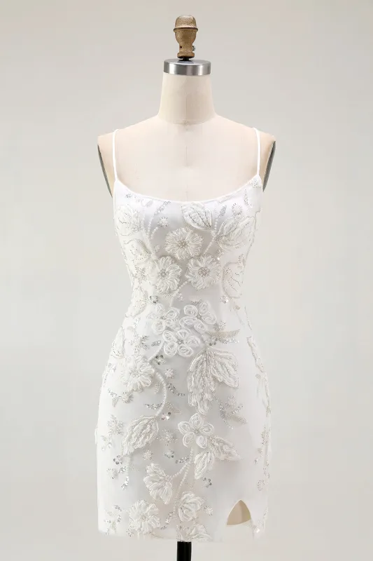 Bodycon White Spaghetti Straps Homecoming Dress with 3D Flowers made by Wedtrend