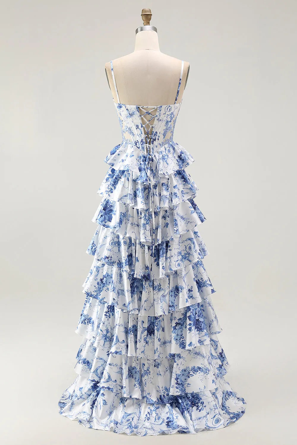 White Blue Flower A-Line Corset Spaghetti Straps Long Prom Dress with Ruffles sold by Wedtrend product image thumbnail 2