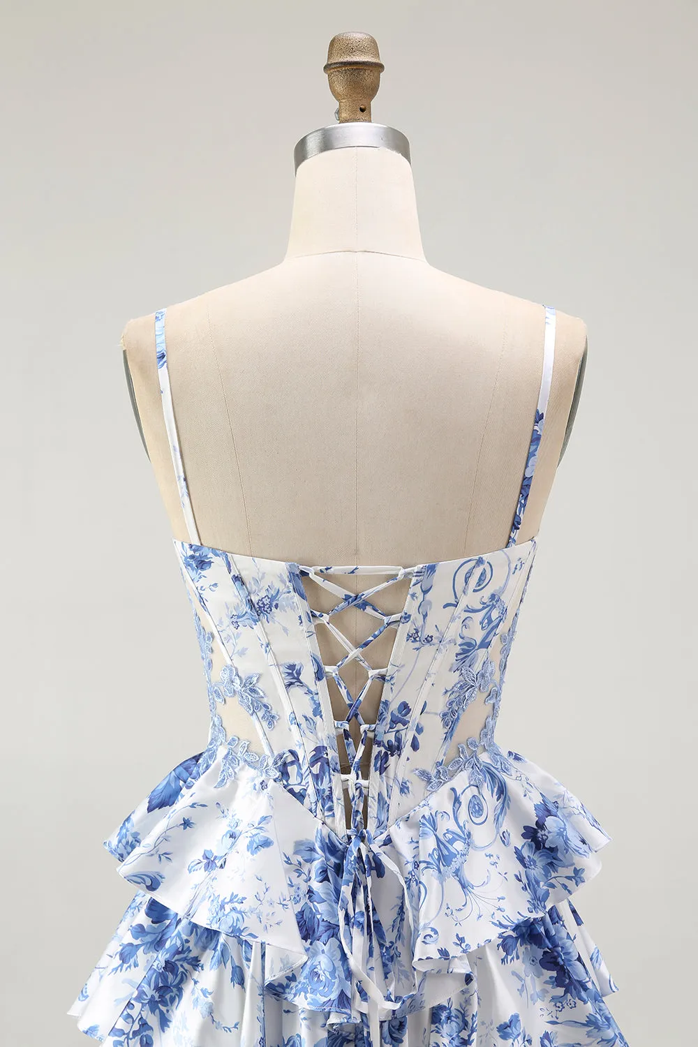 White Blue Flower A-Line Corset Spaghetti Straps Long Prom Dress with Ruffles sold by Wedtrend product image thumbnail 5