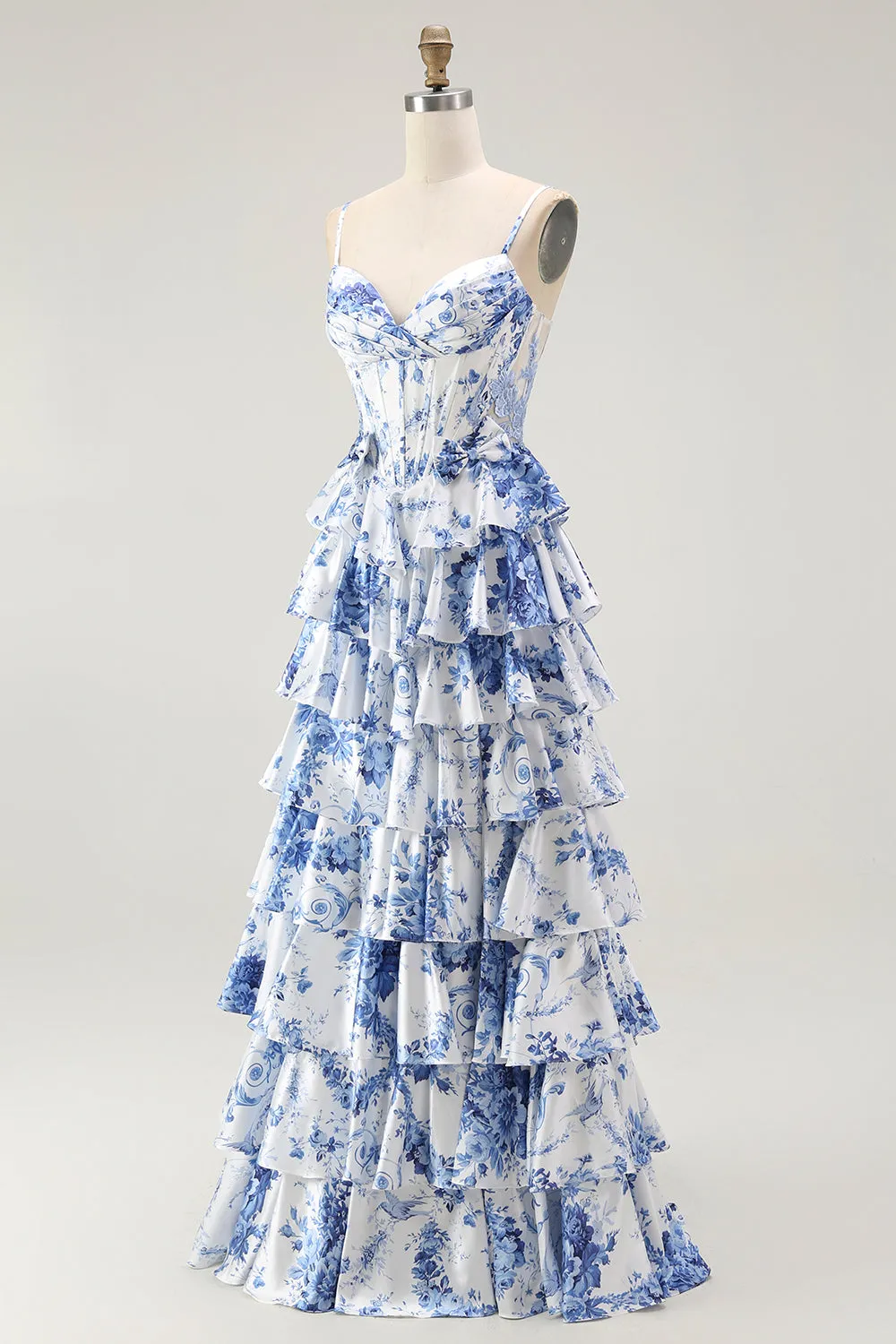 White Blue Flower A-Line Corset Spaghetti Straps Long Prom Dress with Ruffles sold by Wedtrend product image thumbnail 3