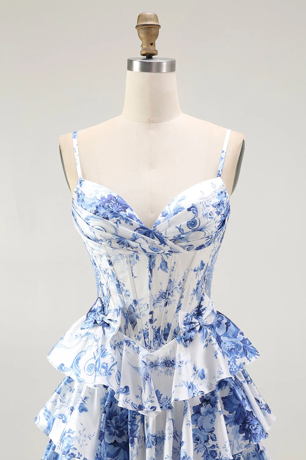 White Blue Flower A-Line Corset Spaghetti Straps Long Prom Dress with Ruffles sold by Wedtrend product image thumbnail 4