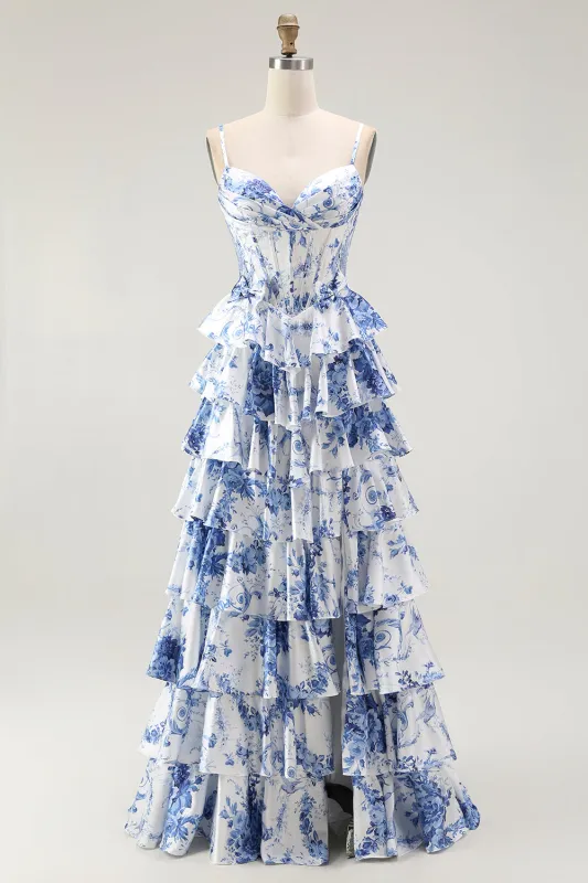 White Blue Flower A-Line Corset Spaghetti Straps Long Prom Dress with Ruffles made by Wedtrend