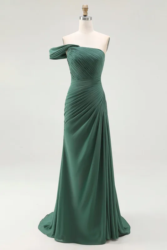 Dark Green Mermaid One Shoulder Pleated Long Formal Dress made by Wedtrend