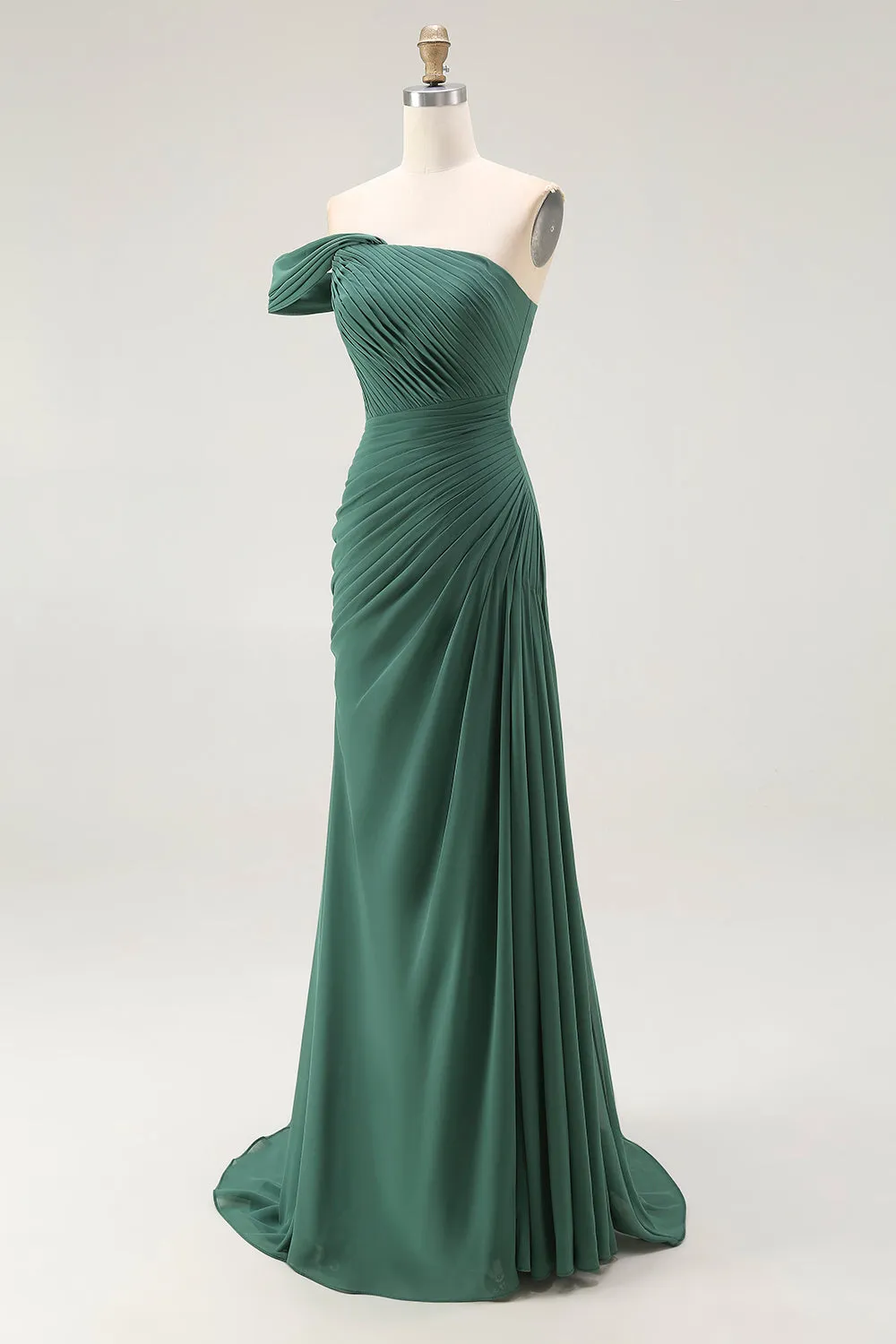 Dark Green Mermaid One Shoulder Pleated Long Formal Dress sold by Wedtrend product image thumbnail 3