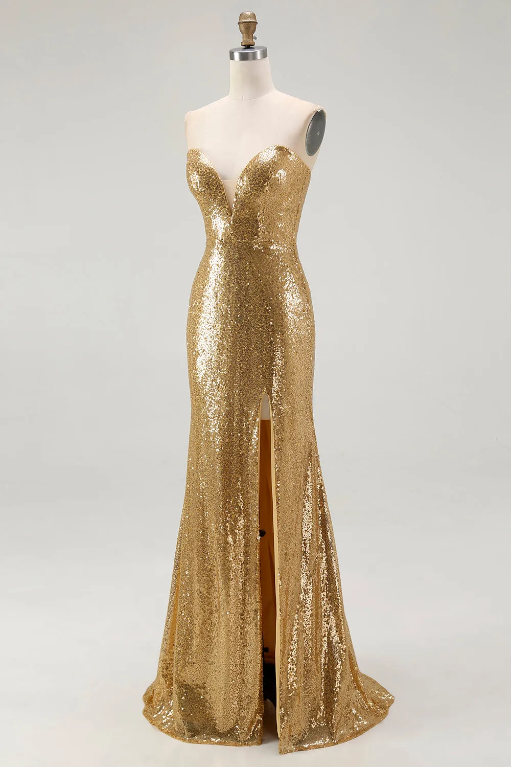 Golden Mermaid Strapless Sequin Long Formal Dress with Slit sold by Wedtrend product image thumbnail 3