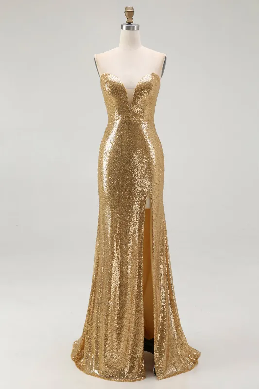 Golden Mermaid Strapless Sequin Long Formal Dress with Slit made by Wedtrend