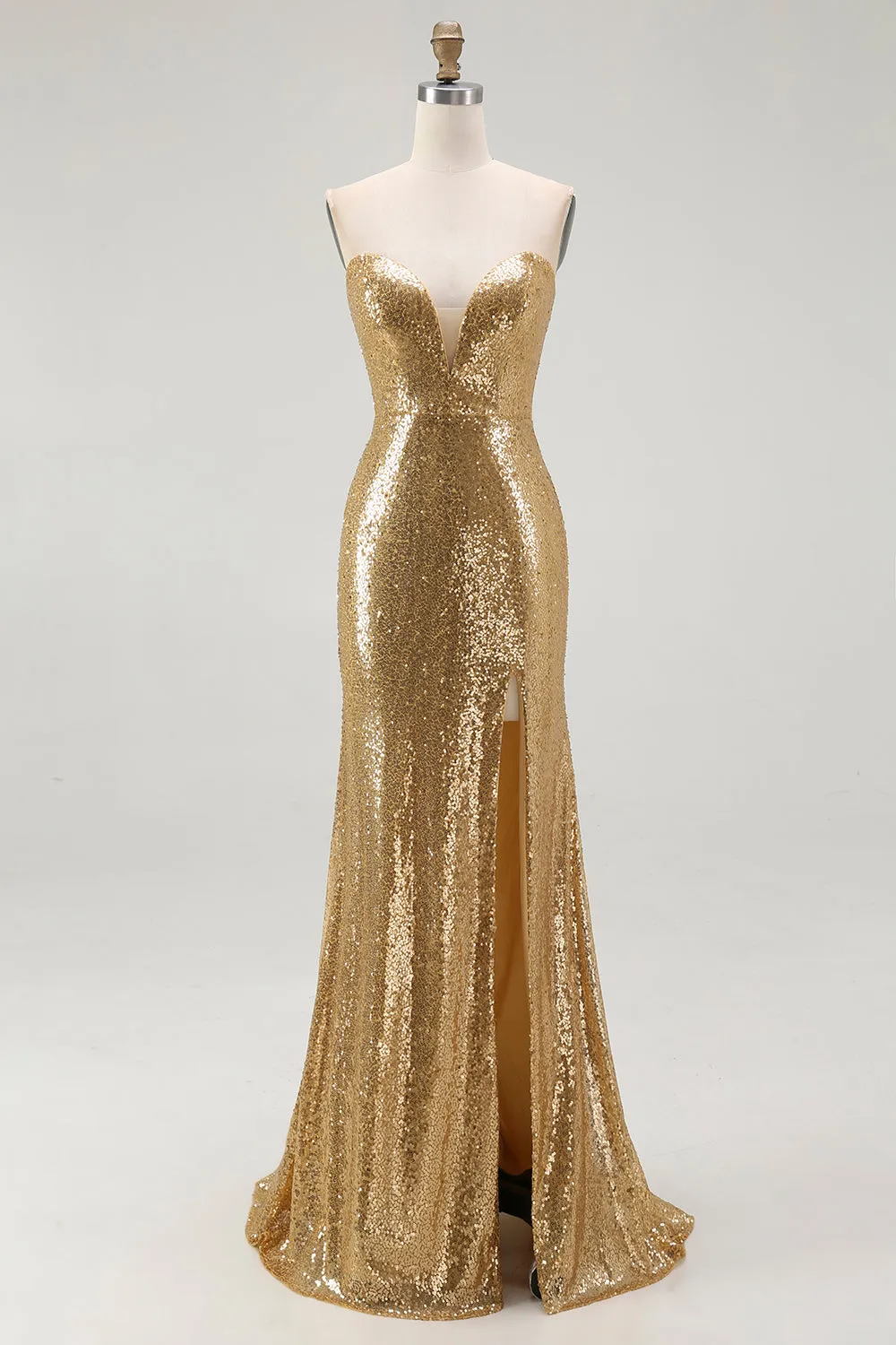 Golden Mermaid Strapless Sequin Long Formal Dress with Slit sold by Wedtrend