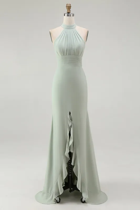 Dusty Sage Halter Mermaid Long Bridesmaid Dress with Slit sold by Wedtrend
