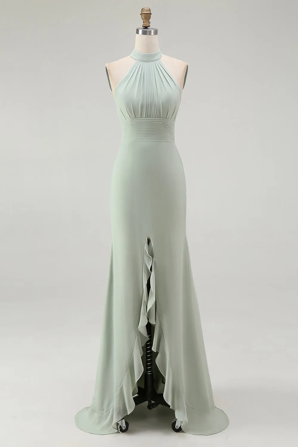 Dusty Sage Halter Mermaid Long Bridesmaid Dress with Slit sold by Wedtrend