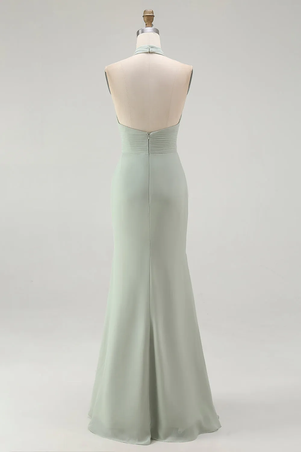 Dusty Sage Halter Mermaid Long Bridesmaid Dress with Slit sold by Wedtrend product image thumbnail 2