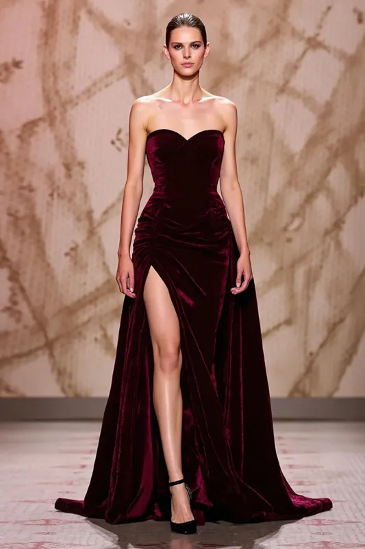 Dark Red A-Line Sweetheart Velvet Formal Dress with Slit made by Wedtrend