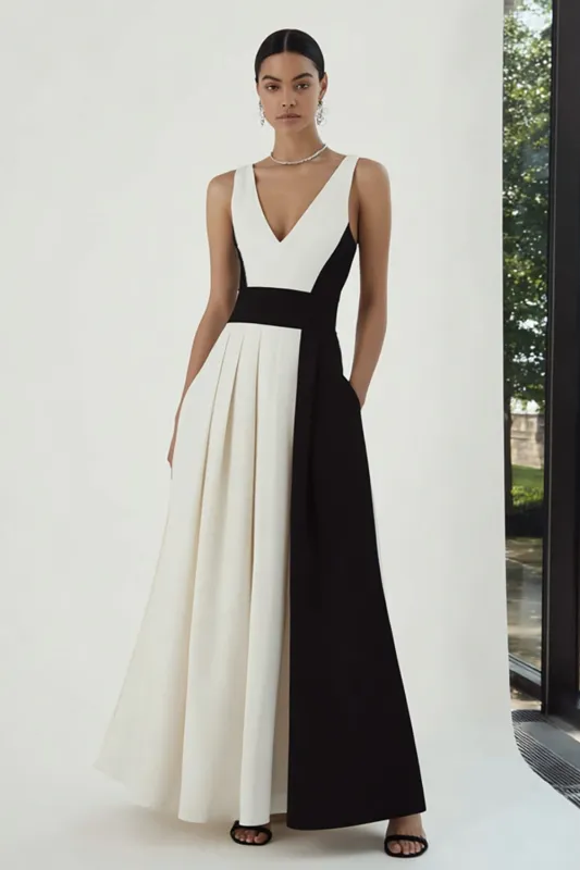 Elegant Black and White A-Line V-Neck Long Formal Dress sold by Wedtrend