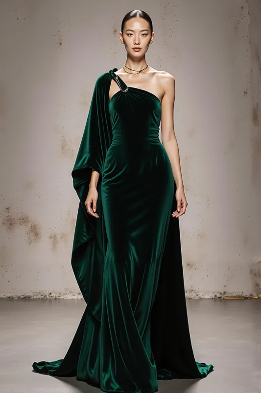 Velvet One Shoulder Dark Green Mermaid Formal Dress sold by Wedtrend