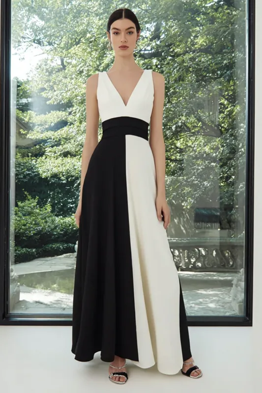 Black and White A-Line V-Neck Long Formal Dress made by Wedtrend