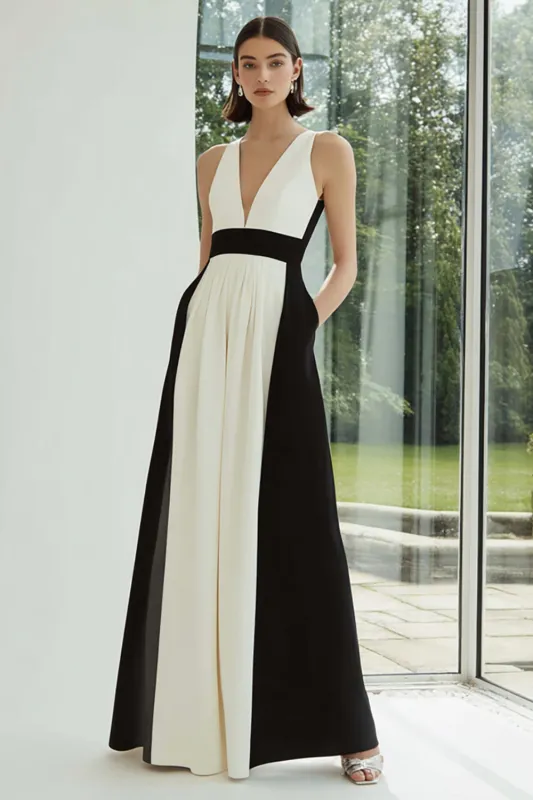 Black and White A-Line V-Neck Long Formal Dress made by Wedtrend