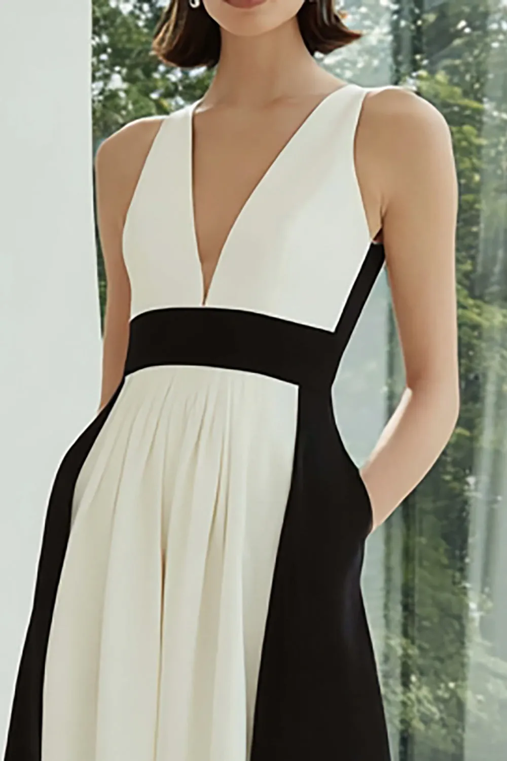 Black and White A-Line V-Neck Long Formal Dress sold by Wedtrend product image thumbnail 2