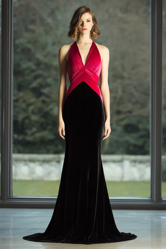 Black and Fuchsia Velvet Mermaid Halter Formal Dress made by Wedtrend