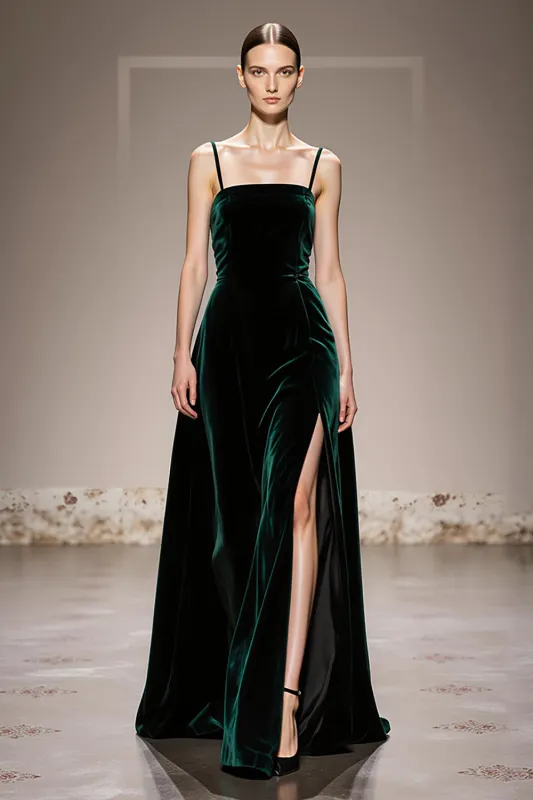 Dark Green A-Line Spaghetti Straps Velvet Formal Dress with Slit sold by Wedtrend