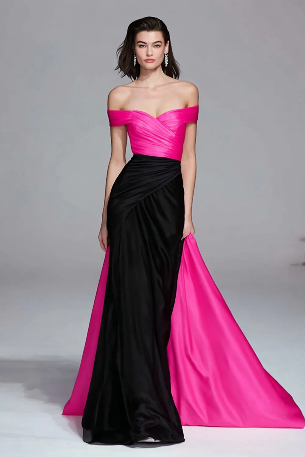 Off The Shoulder Black and Fuchsia Ruched Formal Dress sold by Wedtrend