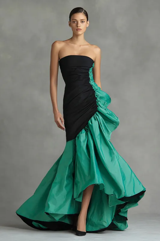 Black and Green Ruched Strapless Mermaid Formal Dress with Ruffles made by Wedtrend