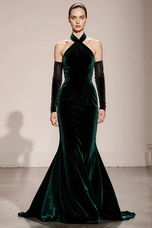 Dark Green Halter Velvet Mermaid Formal Dress made by Wedtrend