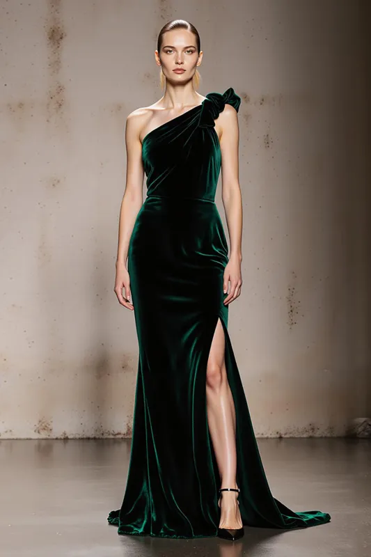 Dark Green Mermaid One Shoulder Velvet Formal Dress with Slit made by Wedtrend