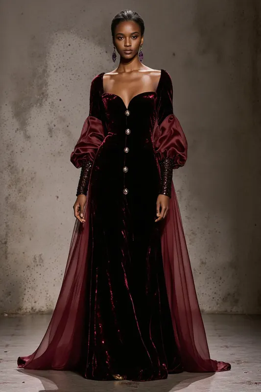 Burgundy Velvet Ruched Long Sleeves Formal Dress sold by Wedtrend