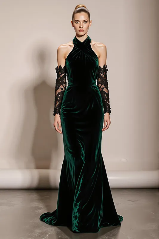 Dark Green Velvet Halter Mermaid Formal Dress (Without Sleeves) made by Wedtrend