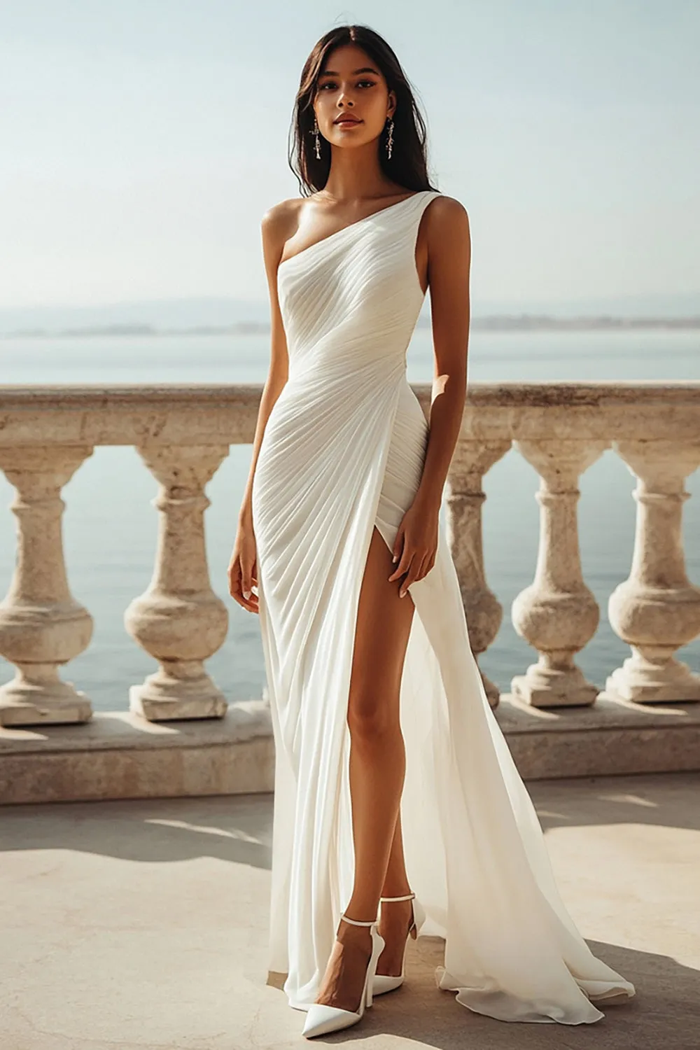 One Shoulder Ivory Ruched Engagement Dress with Slit sold by Wedtrend product image thumbnail 4
