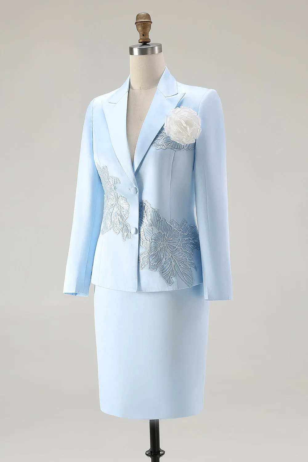 Blue Satin Long Sleeves 2 Pieces Mother Of The Bride Dress with 3D Flower sold by Wedtrend product image thumbnail 3