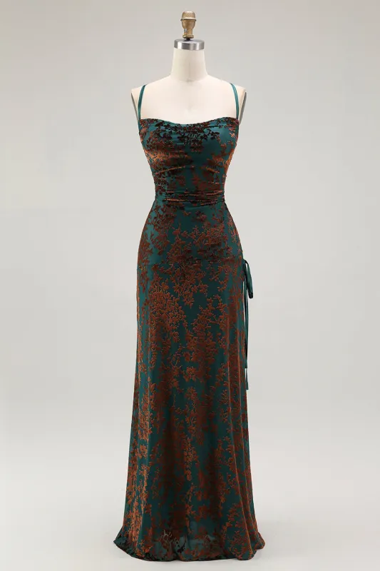 Dark Green Sheath Burnout Velvet Spaghetti Straps Maxi Dress with Lace Up Back made by Wedtrend