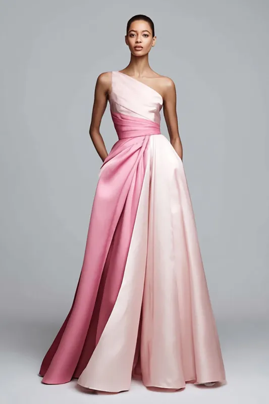Pink A-Line One Shoulder Ruched Long Formal Dress made by Wedtrend