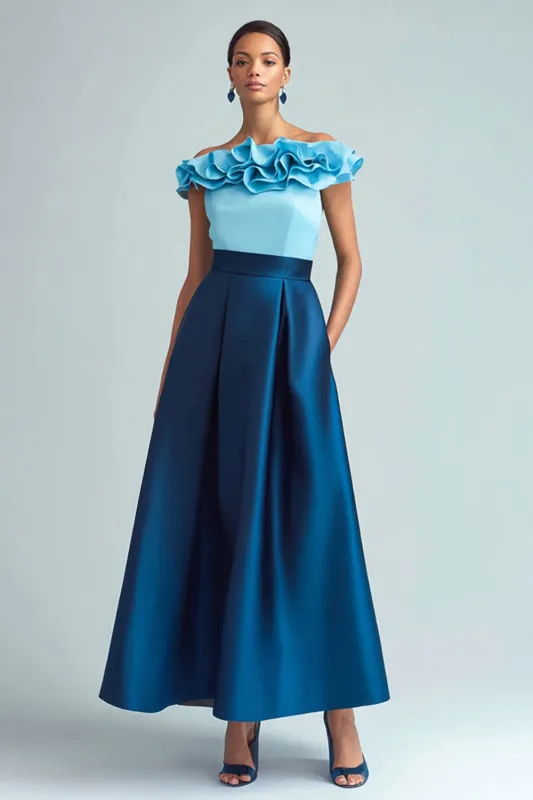 Off The Shoulder Blue A-Line Formal Dress With Ruffles made by Wedtrend