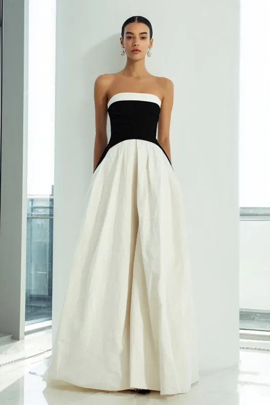 Elegant A-Line Black and White Strapless Long Formal Dress sold by Wedtrend