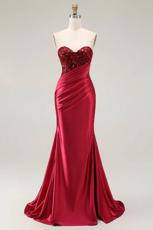 Red Mermaid Sweetheart Pleated Sequin Satin Long Prom Dress with Slit made by Wedtrend