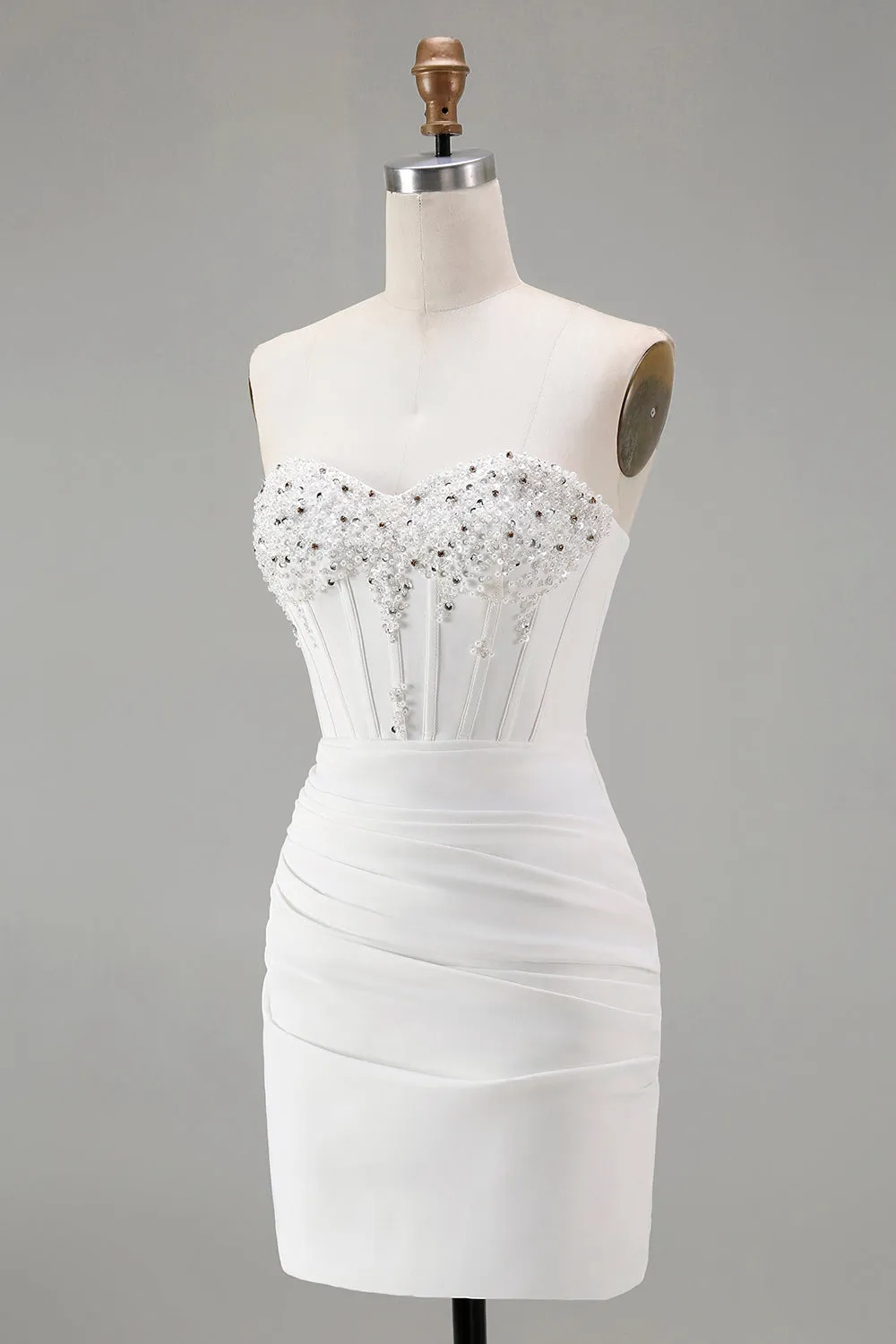 White Strapless Bodycon Corset Mini Homecoming Dress with Beading sold by Wedtrend product image thumbnail 3