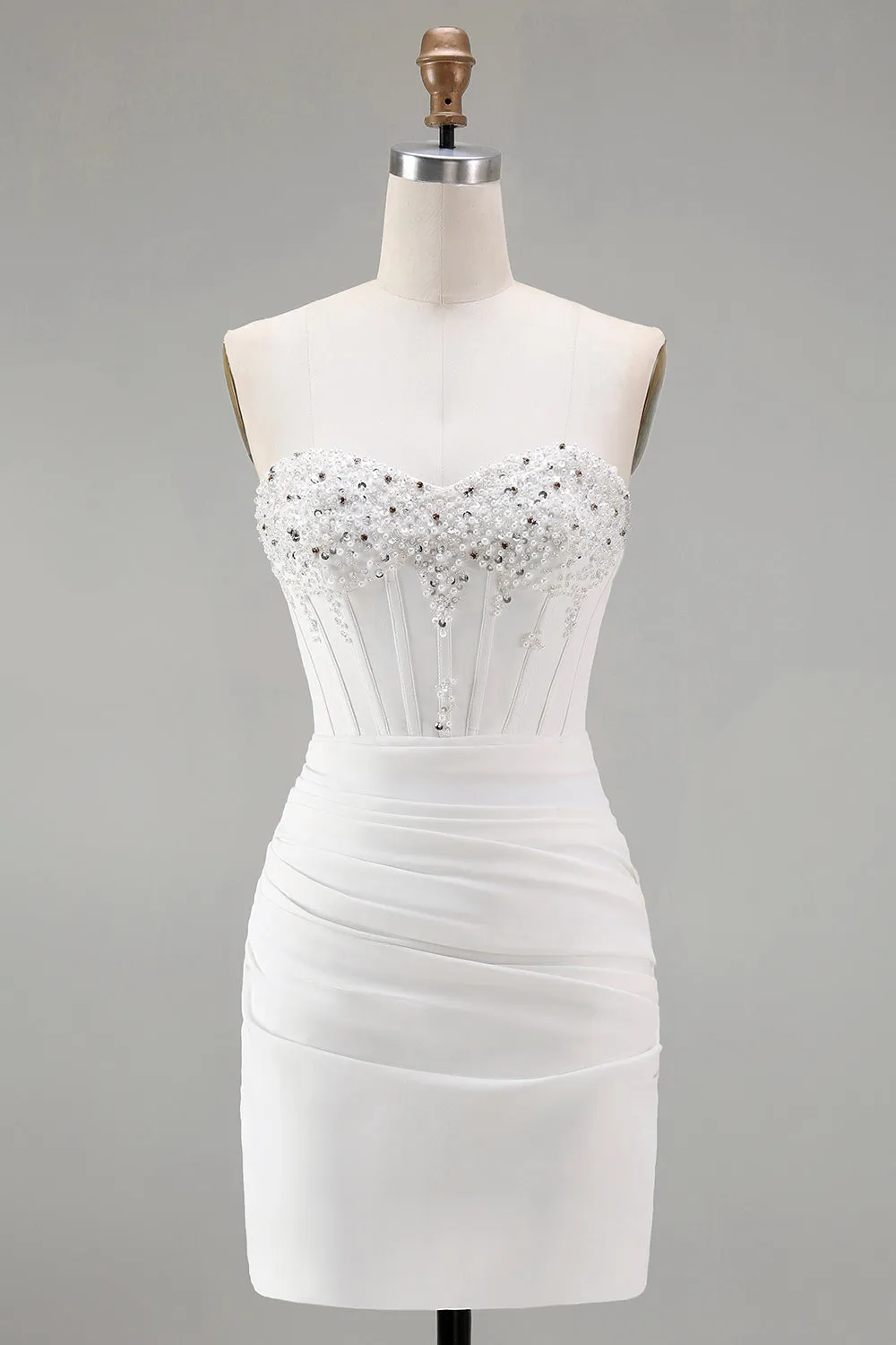 White Strapless Bodycon Corset Mini Homecoming Dress with Beading sold by Wedtrend