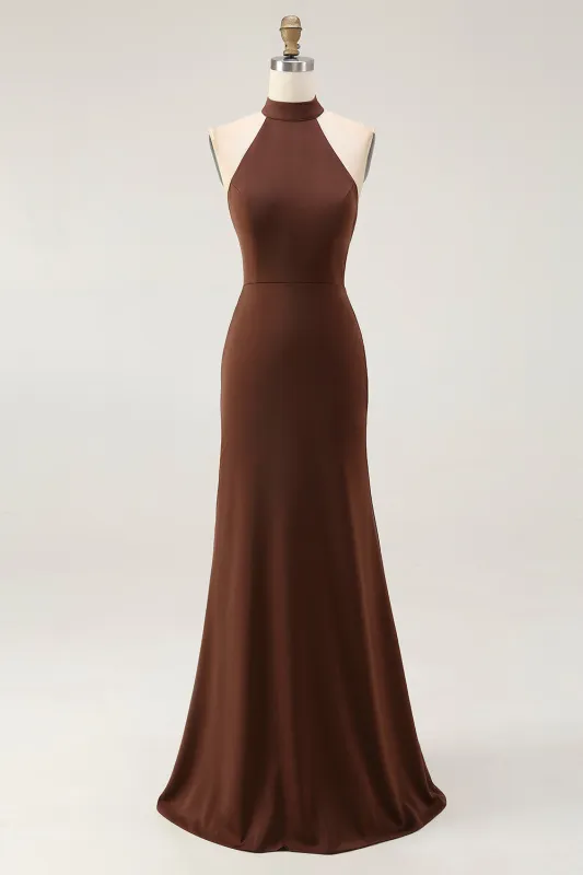 Coffee Mermaid Halter Neck Open Back Long Formal Dress made by Wedtrend