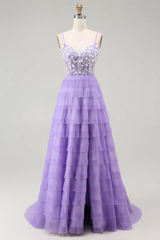 Purple A Line Spaghetti Straps Tiered Corset Long Prom Dress with Slit made by Wedtrend