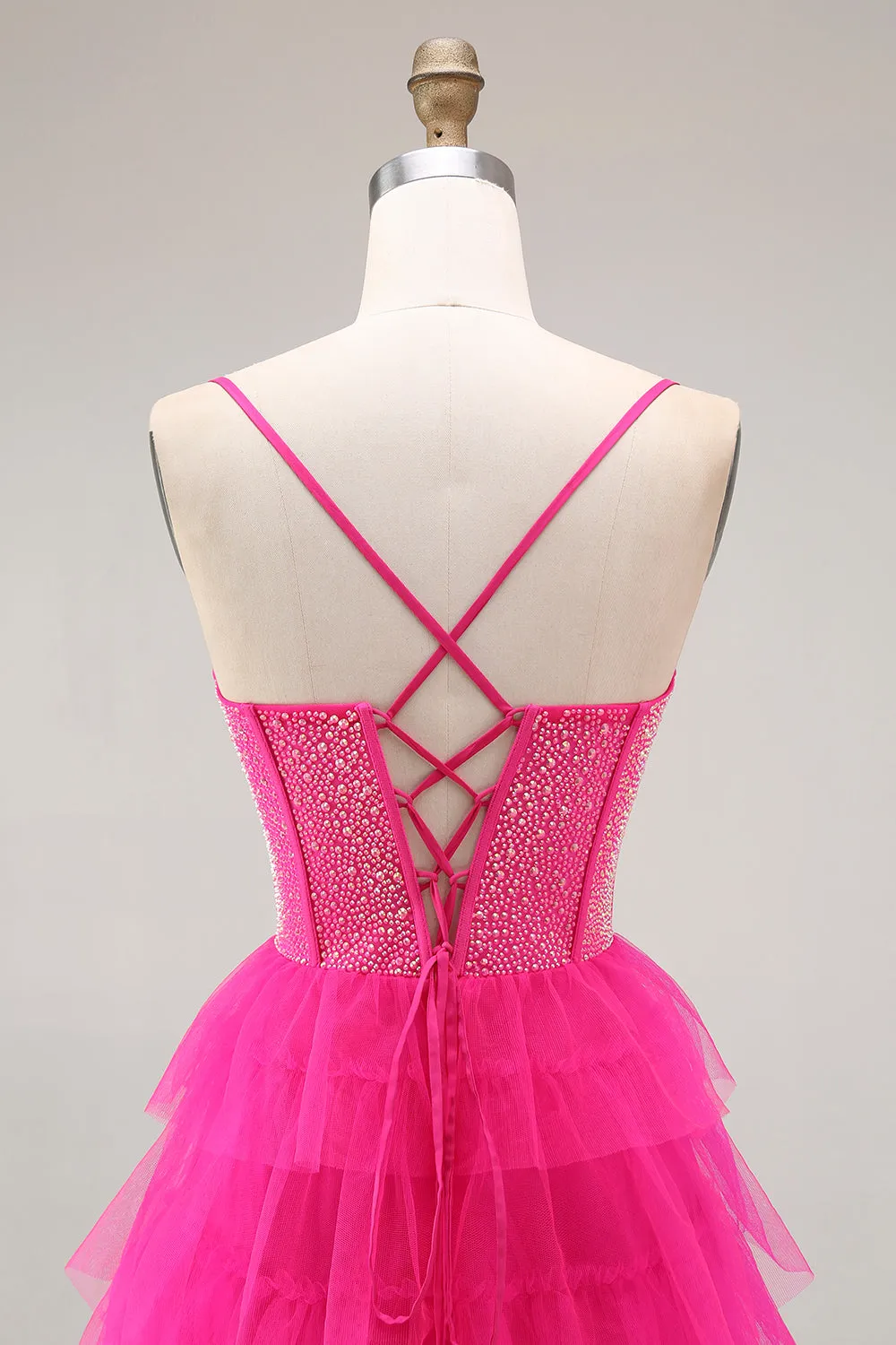 Fuchsia A Line Spaghetti Straps Corset Tiered Ruffled Long Prom Dress with Slit sold by Wedtrend product image thumbnail 5