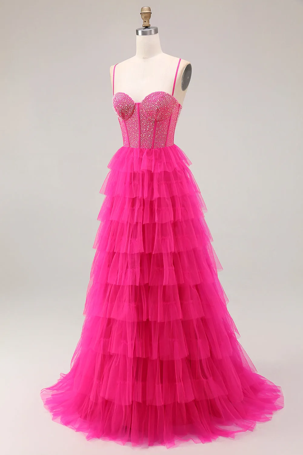 Fuchsia A Line Spaghetti Straps Corset Tiered Ruffled Long Prom Dress with Slit sold by Wedtrend product image thumbnail 3