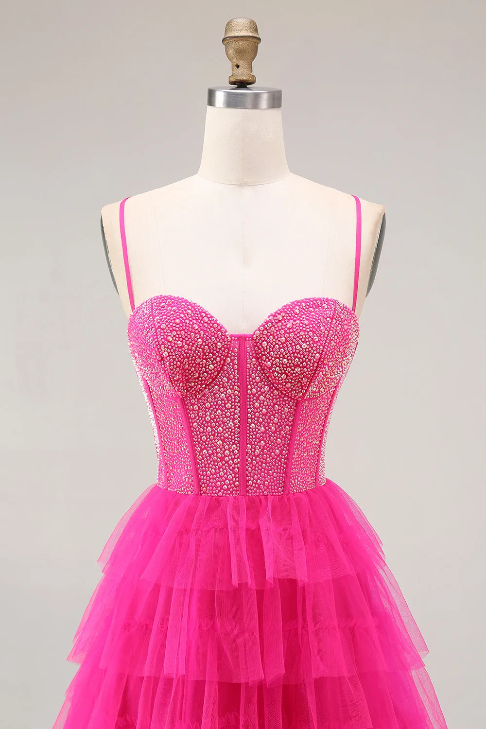 Fuchsia A Line Spaghetti Straps Corset Tiered Ruffled Long Prom Dress with Slit sold by Wedtrend product image thumbnail 4