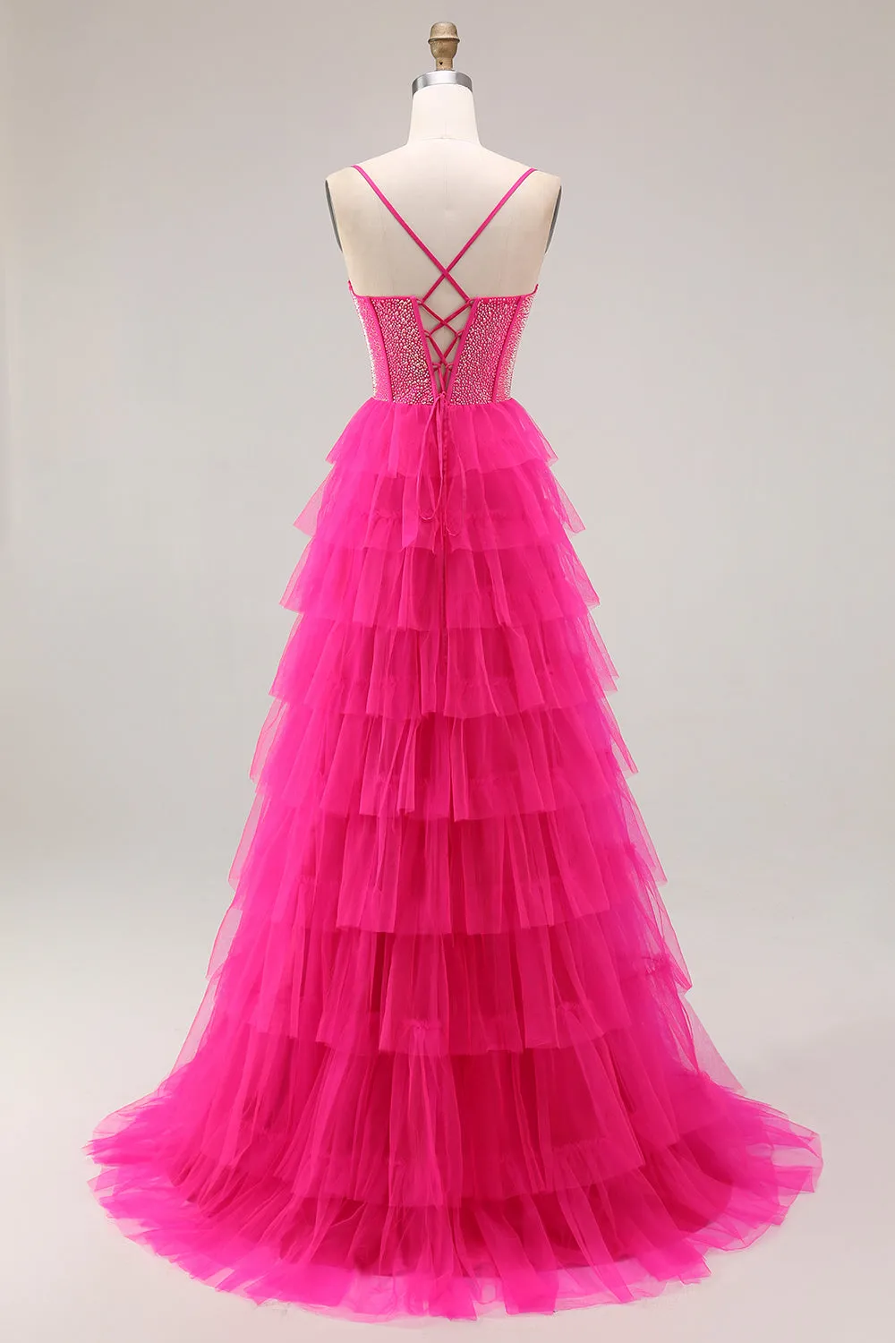 Fuchsia A Line Spaghetti Straps Corset Tiered Ruffled Long Prom Dress with Slit sold by Wedtrend product image thumbnail 2