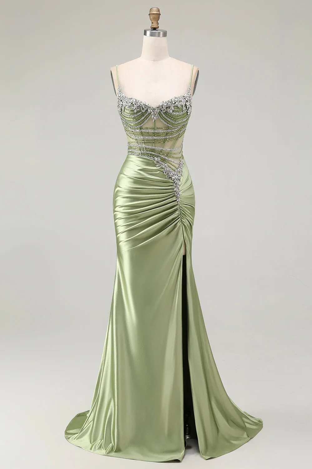Green Mermaid Spaghetti Straps Ruched Side Slit Corset Prom Dress with Rhinestones sold by Wedtrend
