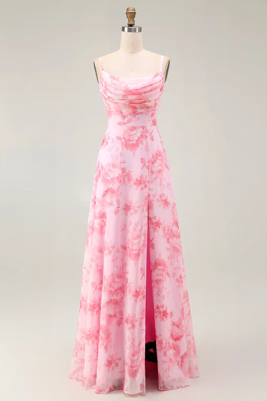 Pink Flower A-Line Cowl Neck Print Long Bridesmaid Dress with Slit sold by Wedtrend