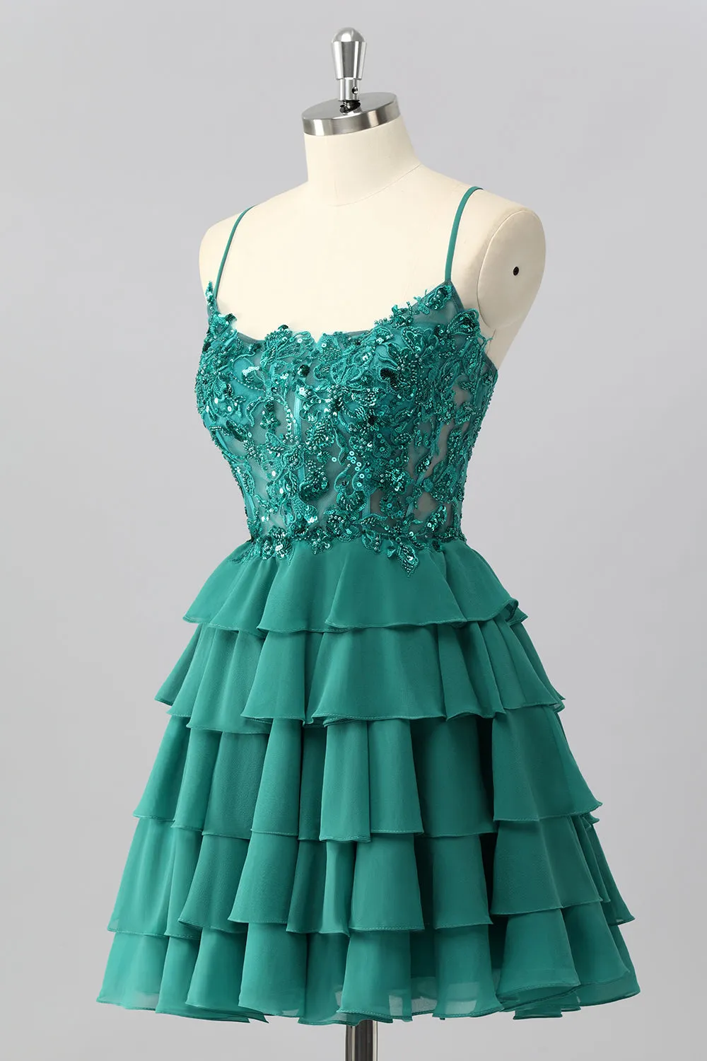 Dark Green A-Line Spaghetti Straps Sequin Short Homecoming Dress with Ruffles sold by Wedtrend product image thumbnail 3