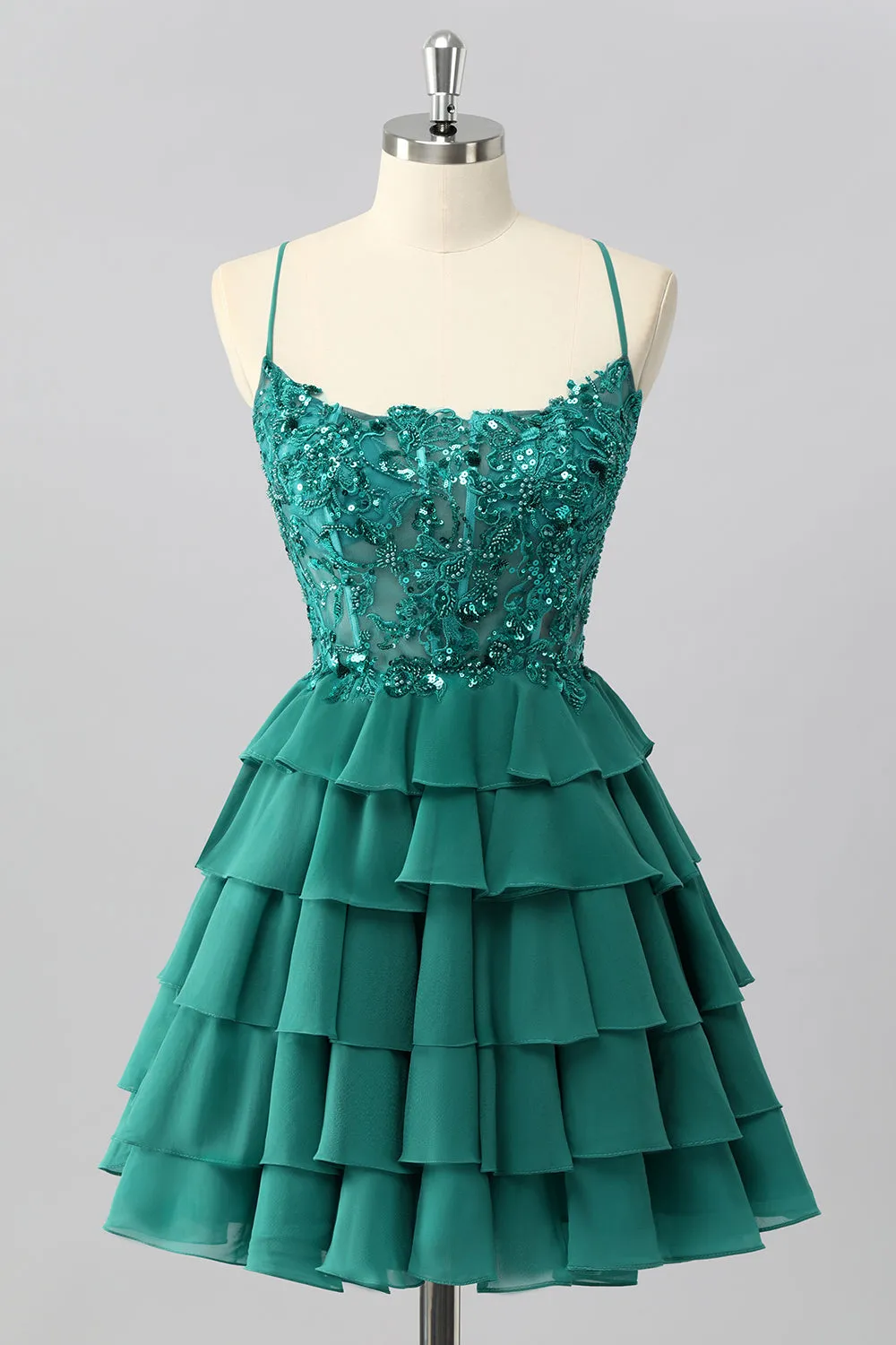 Dark Green A-Line Spaghetti Straps Sequin Short Homecoming Dress with Ruffles sold by Wedtrend